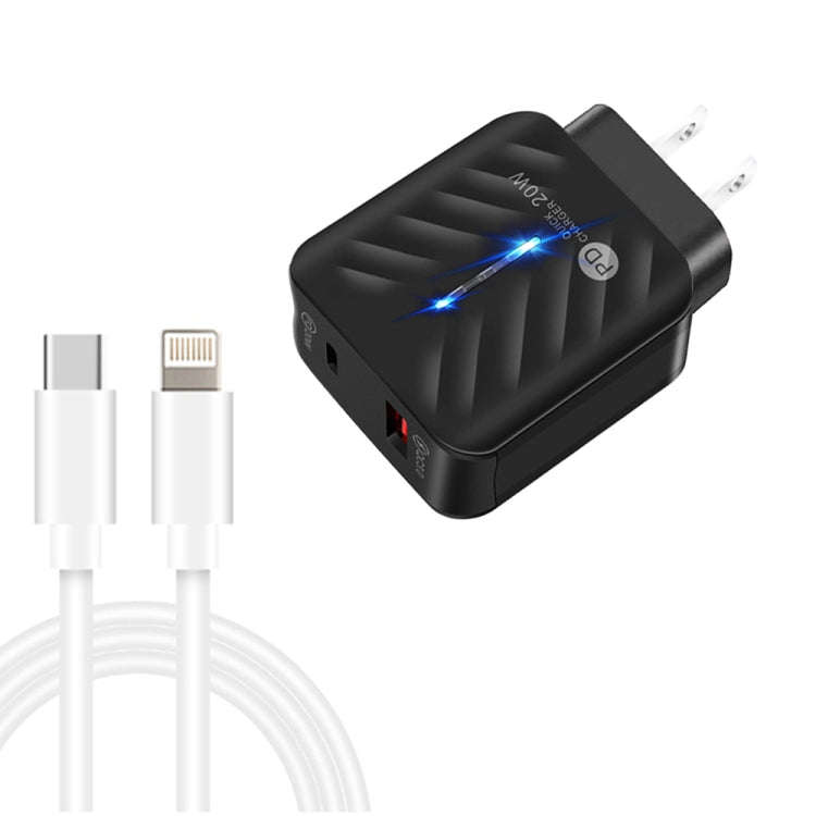 PD03 20W PD3.0 + QC3.0 USB Charger with Type-C to 8 Pin Data Cable, US Plug, US Plug + Type-C to ...