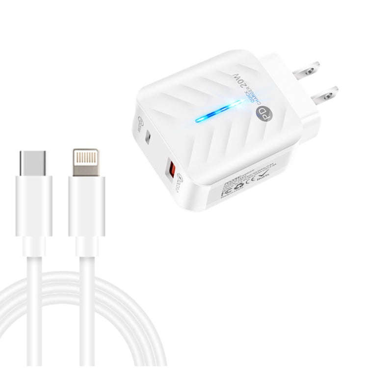 PD03 20W PD3.0 + QC3.0 USB Charger with Type-C to 8 Pin Data Cable, US Plug, US Plug + Type-C to ...