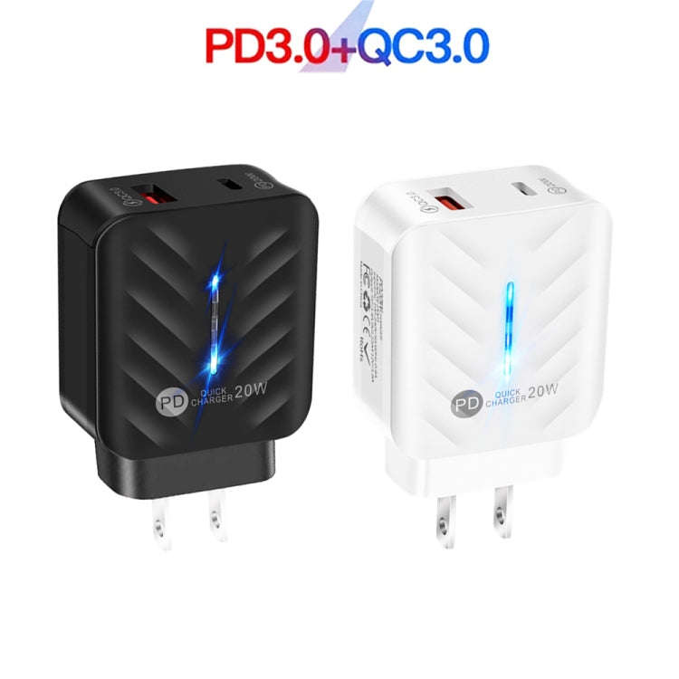 PD03 20W PD3.0 + QC3.0 USB Charger with Type-C to 8 Pin Data Cable, US Plug, US Plug + Type-C to ...