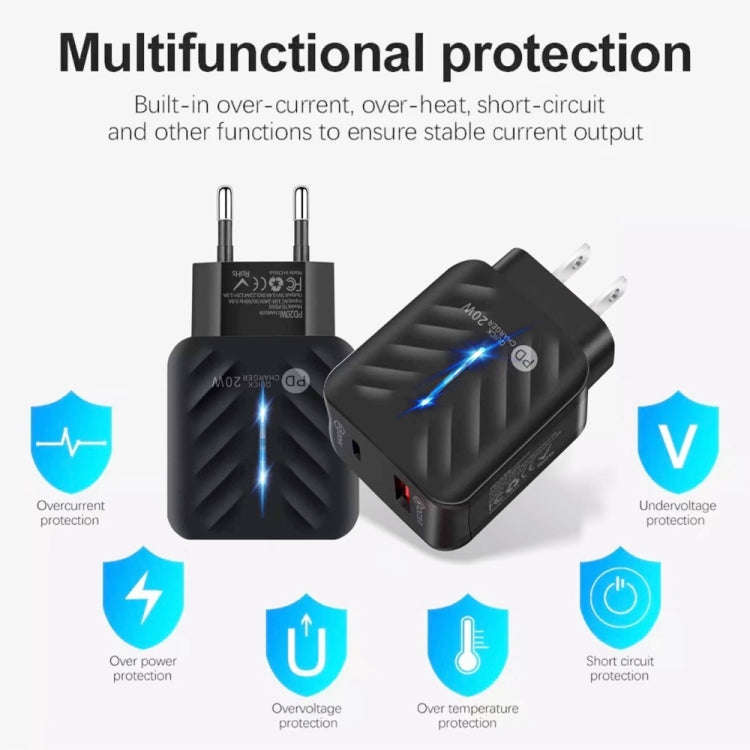 PD03 20W PD3.0 + QC3.0 USB Charger with Type-C to 8 Pin Data Cable, US Plug, US Plug + Type-C to ...