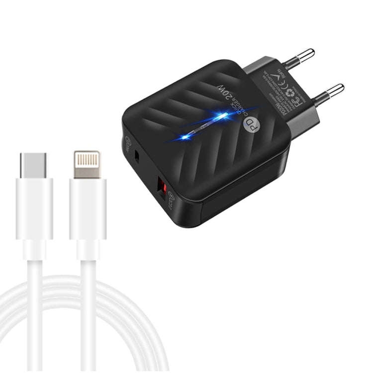 PD03 20W PD3.0 + QC3.0 USB Charger with Type-C to 8 Pin Data Cable, EU Plug, EU Plug + Type-C to ...