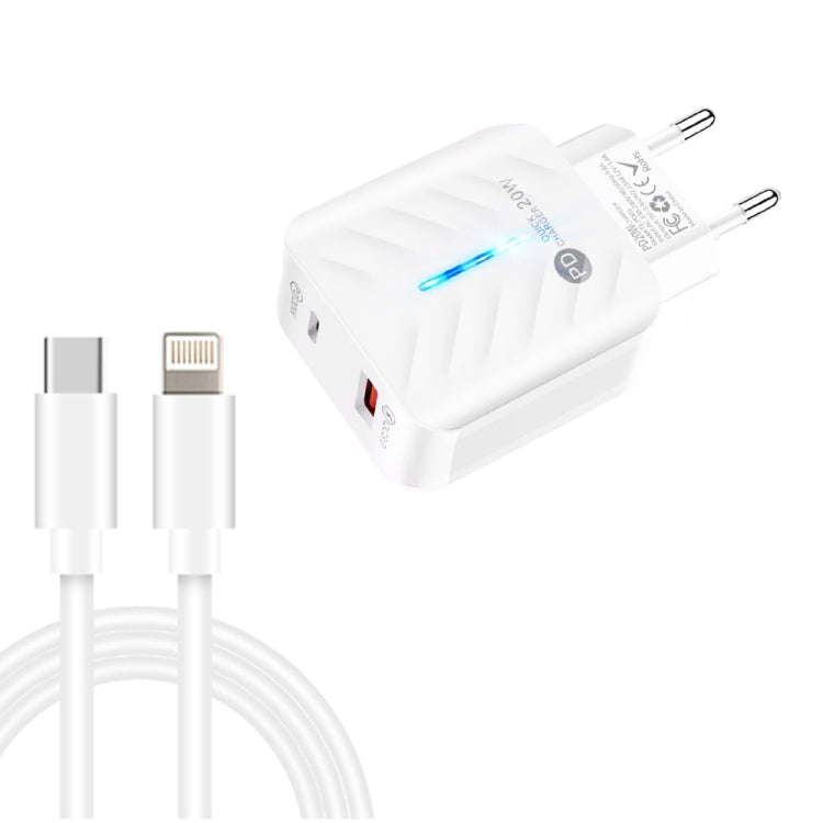 PD03 20W PD3.0 + QC3.0 USB Charger with Type-C to 8 Pin Data Cable, EU Plug, EU Plug + Type-C to ...