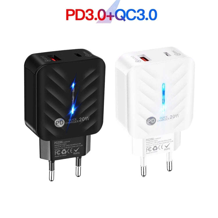 PD03 20W PD3.0 + QC3.0 USB Charger with Type-C to 8 Pin Data Cable, EU Plug, EU Plug + Type-C to ...
