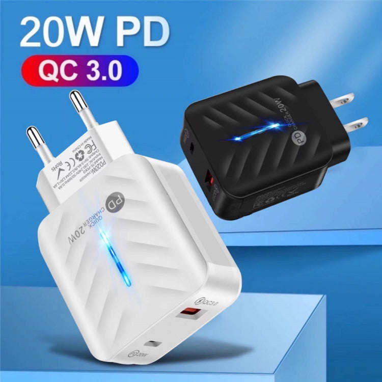 PD03 20W PD3.0 + QC3.0 USB Charger with Type-C to 8 Pin Data Cable, EU Plug, EU Plug + Type-C to ...