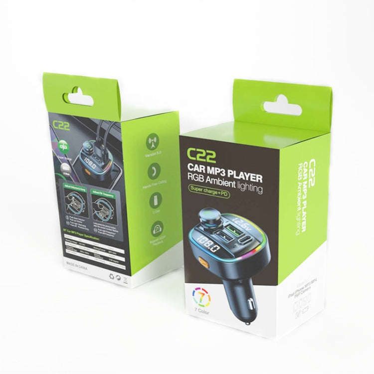 C22 Car Bluetooth 5.0 FM Transmitter LED Light Voltage Display QC 3.0 PD Charger, C22