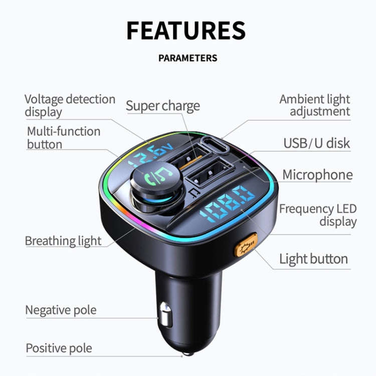 C22 Car Bluetooth 5.0 FM Transmitter LED Light Voltage Display QC 3.0 PD Charger, C22