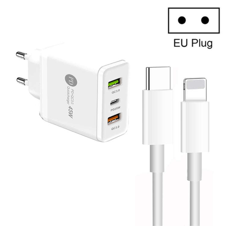 45W PD3.0 + 2 x QC3.0 USB Multi Port Charger with Type-C to 8 Pin Cable, EU Plug, EU Plug + Type-...