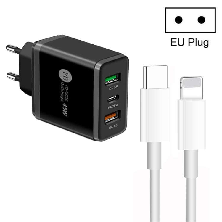 45W PD3.0 + 2 x QC3.0 USB Multi Port Charger with Type-C to 8 Pin Cable, EU Plug, EU Plug + Type-...