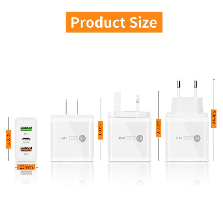 45W PD3.0 + 2 x QC3.0 USB Multi Port Charger with Type-C to 8 Pin Cable, EU Plug, EU Plug + Type-...