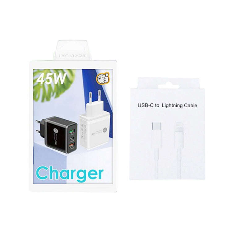 45W PD3.0 + 2 x QC3.0 USB Multi Port Charger with Type-C to 8 Pin Cable, EU Plug, EU Plug + Type-...