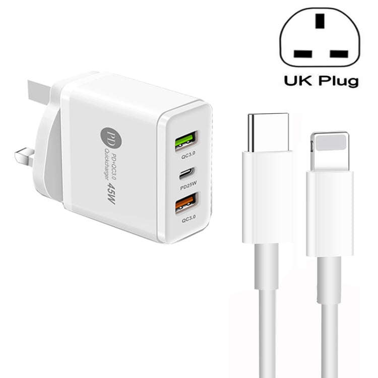 45W PD3.0 + 2 x QC3.0 USB Multi Port Charger with Type-C to 8 Pin Cable, UK Plug, UK Plug + Type-...