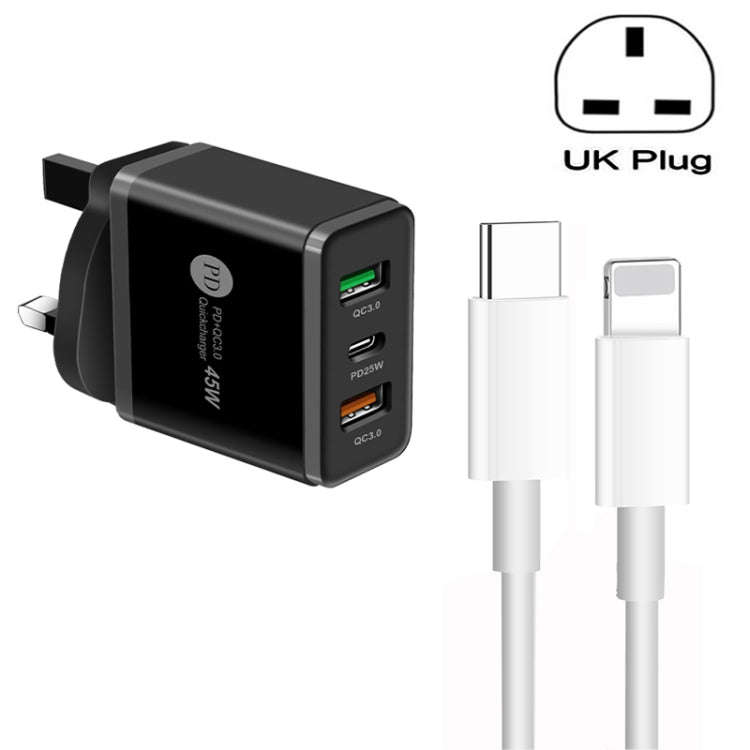 45W PD3.0 + 2 x QC3.0 USB Multi Port Charger with Type-C to 8 Pin Cable, UK Plug, UK Plug + Type-...