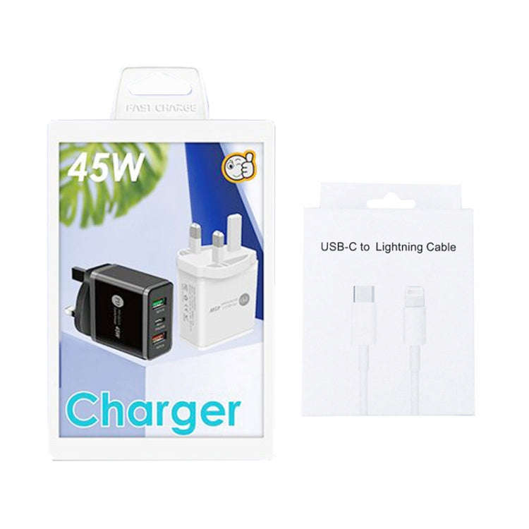 45W PD3.0 + 2 x QC3.0 USB Multi Port Charger with Type-C to 8 Pin Cable, UK Plug, UK Plug + Type-...