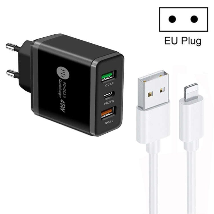 45W PD25W + 2 x QC3.0 USB Multi Port Charger with USB to 8 Pin Cable, EU Plug, EU Plug + USB to 8...