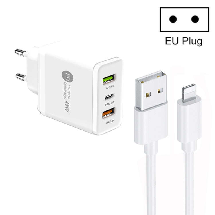 45W PD25W + 2 x QC3.0 USB Multi Port Charger with USB to 8 Pin Cable, EU Plug, EU Plug + USB to 8...