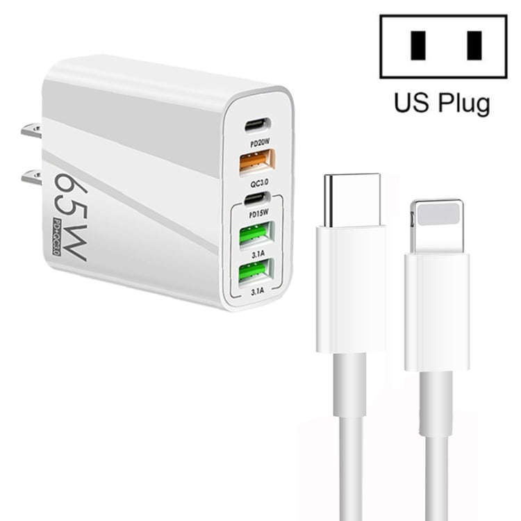 65W Dual PD Type-C + 3 x USB Multi Port Charger with 3A Type-C to 8 Pin Data Cable, US Plug, US P...