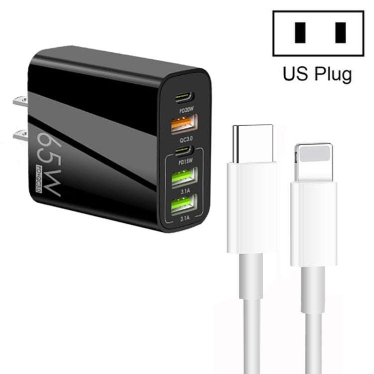 65W Dual PD Type-C + 3 x USB Multi Port Charger with 3A Type-C to 8 Pin Data Cable, US Plug, US P...