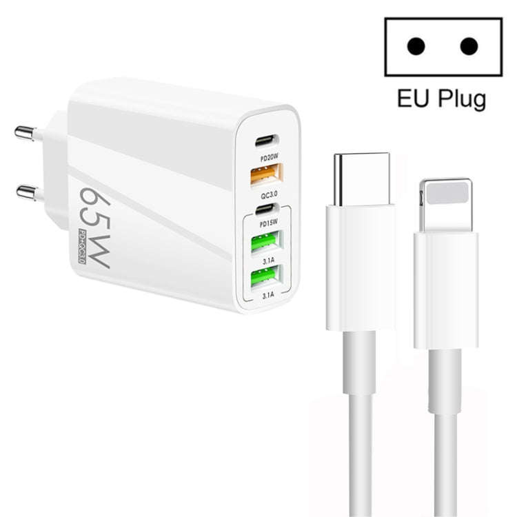65W Dual PD Type-C + 3 x USB Multi Port Charger with 3A Type-C to 8 Pin Data Cable, EU Plug, EU P...