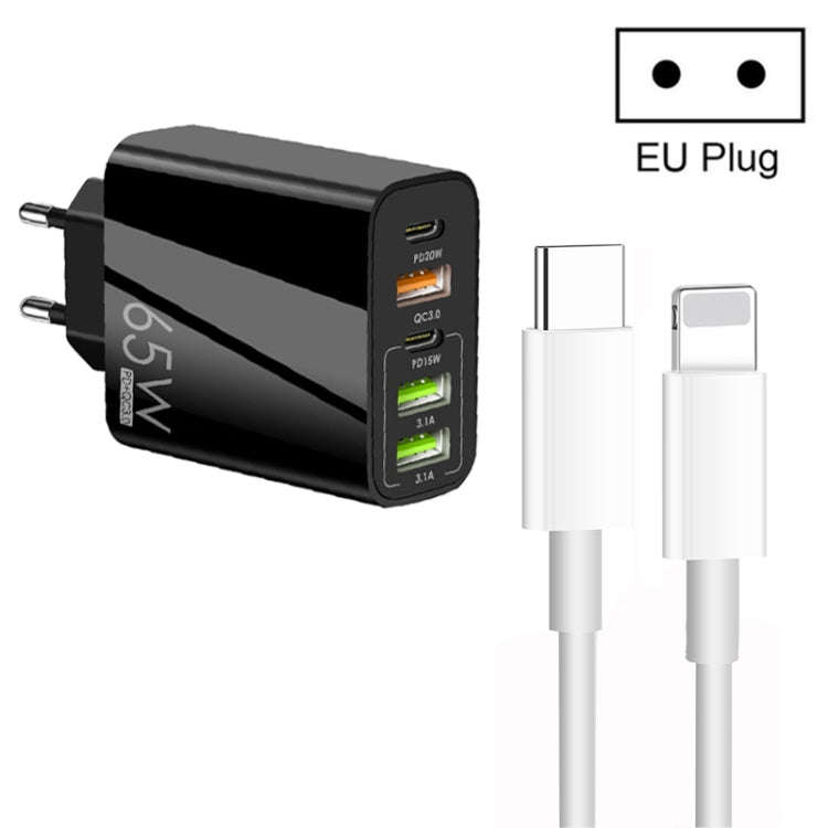 65W Dual PD Type-C + 3 x USB Multi Port Charger with 3A Type-C to 8 Pin Data Cable, EU Plug, EU P...