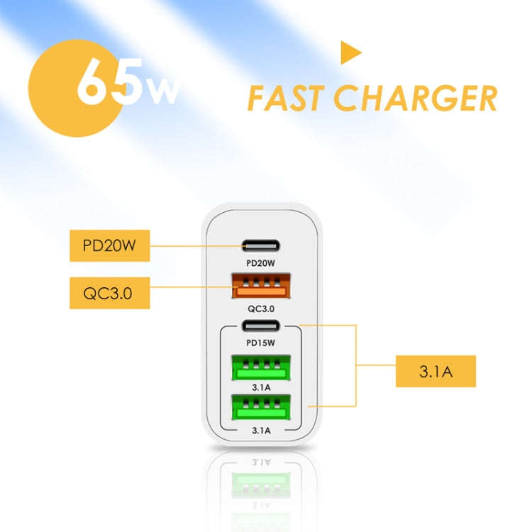 65W Dual PD Type-C + 3 x USB Multi Port Charger with 3A Type-C to 8 Pin Data Cable, EU Plug, EU P...