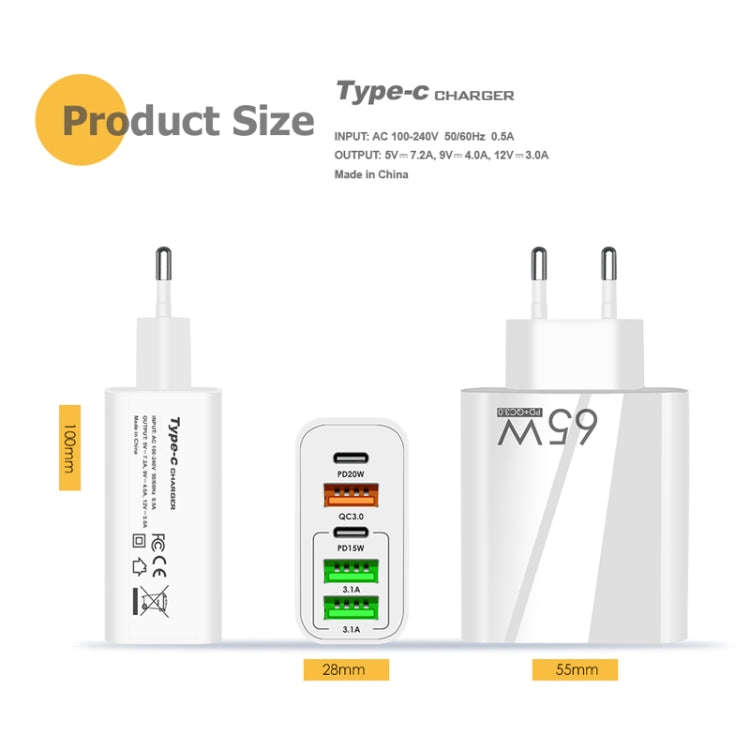 65W Dual PD Type-C + 3 x USB Multi Port Charger with 3A Type-C to 8 Pin Data Cable, EU Plug, EU P...