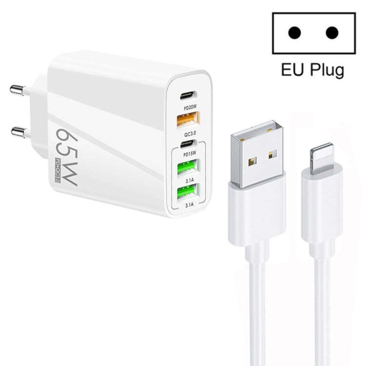 65W Dual PD Type-C + 3 x USB Multi Port Charger with 3A USB to 8 Pin Data Cable, EU Plug, EU Plug...