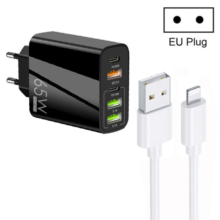 65W Dual PD Type-C + 3 x USB Multi Port Charger with 3A USB to 8 Pin Data Cable, EU Plug, EU Plug...