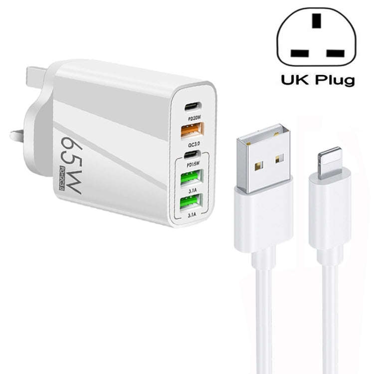 65W Dual PD Type-C + 3 x USB Multi Port Charger with 3A USB to 8 Pin Data Cable, UK Plug, UK Plug...
