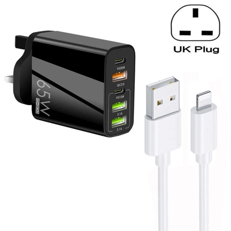 65W Dual PD Type-C + 3 x USB Multi Port Charger with 3A USB to 8 Pin Data Cable, UK Plug, UK Plug...