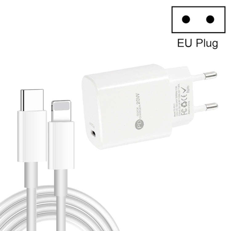 PD11 Single PD3.0 USB-C / Type-C 20W Fast Charger with 1m Type-C to 8 Pin Data Cable, EU Plug, EU...