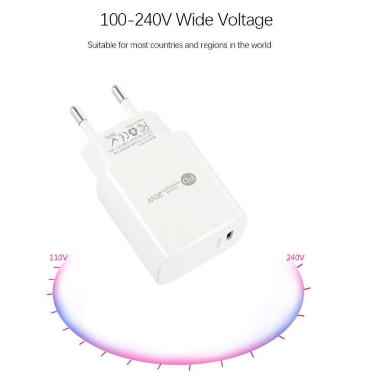 PD11 Single PD3.0 USB-C / Type-C 20W Fast Charger with 1m Type-C to 8 Pin Data Cable, EU Plug, EU...