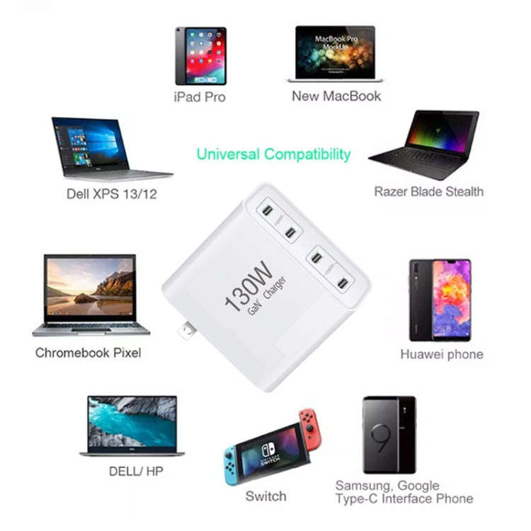 GaN130W 4-Port USB-C PD65W / PD30W Multi Port Type-C Charger for Notebook Series, US Plug, EU / U...