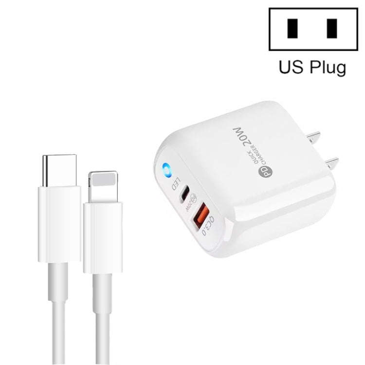 PD04 Type-C + USB Mobile Phone Charger with Type-C to 8 Pin Cable, US Plug, US Plug + Type-C to 8...