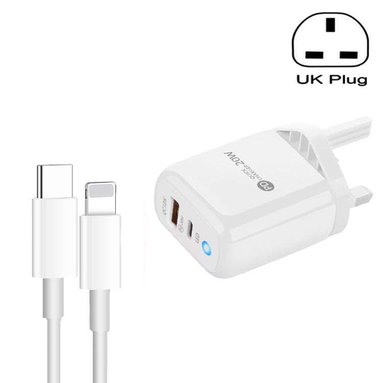 PD04 Type-C + USB Mobile Phone Charger with Type-C to 8 Pin Cable, UK Plug, UK Plug + Type-C to 8...
