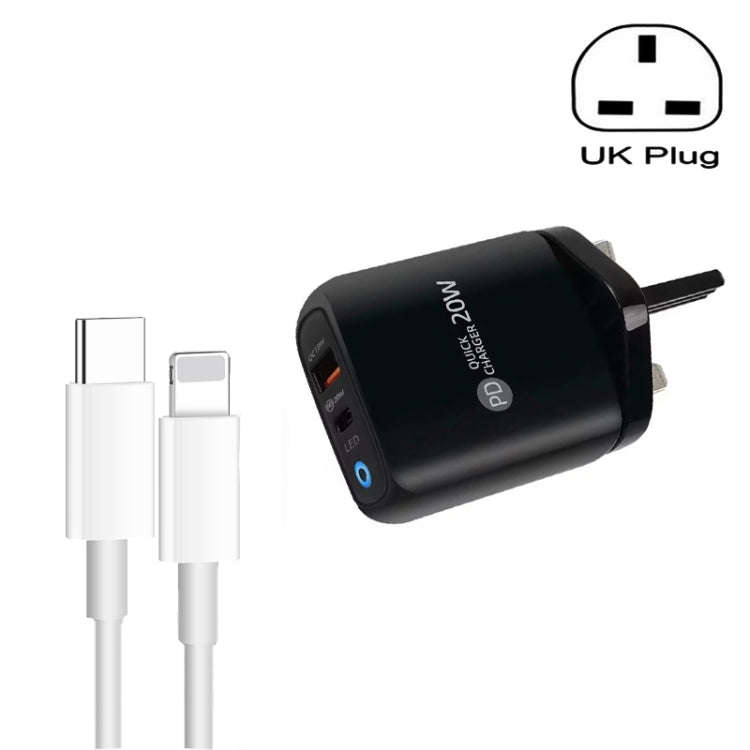 PD04 Type-C + USB Mobile Phone Charger with Type-C to 8 Pin Cable, UK Plug, UK Plug + Type-C to 8...