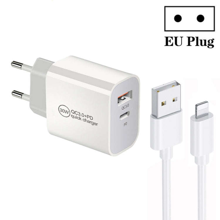 PD30W USB-C / Type-C + QC3.0 USB Dual Port Charger with 1m USB to 8 Pin Data Cable, EU Plug, US P...