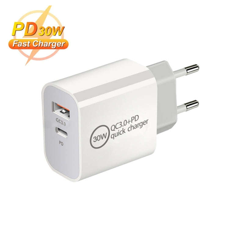 PD30W USB-C / Type-C + QC3.0 USB Dual Port Charger with 1m USB to 8 Pin Data Cable, EU Plug, US P...