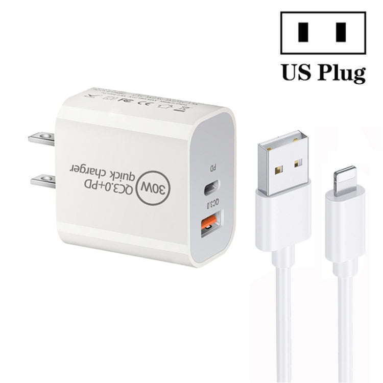 PD30W USB-C / Type-C + QC3.0 USB Dual Port Charger with 1m USB to 8 Pin Data Cable, EU Plug, US P...