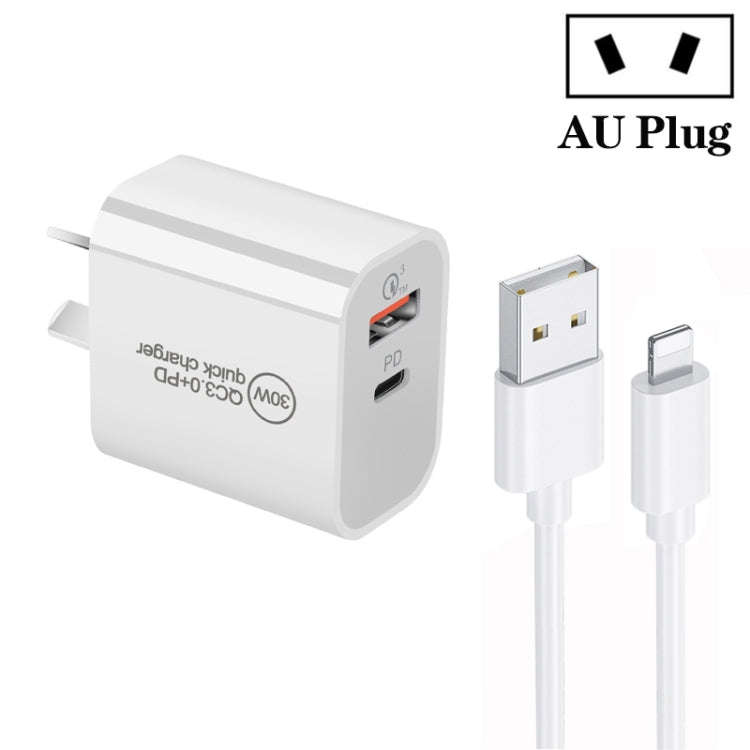 PD30W USB-C / Type-C + QC3.0 USB Dual Port Charger with 1m USB to 8 Pin Data Cable, EU Plug, US P...