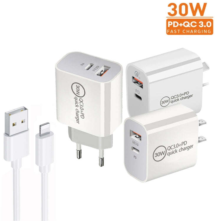 PD30W USB-C / Type-C + QC3.0 USB Dual Port Charger with 1m USB to 8 Pin Data Cable, EU Plug, US P...