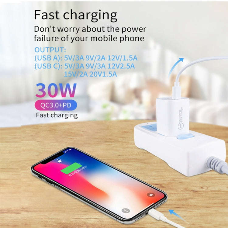PD30W USB-C / Type-C + QC3.0 USB Dual Port Charger with 1m USB to 8 Pin Data Cable, EU Plug, US P...