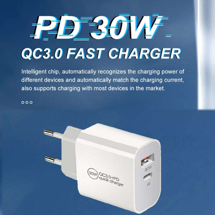 PD30W USB-C / Type-C + QC3.0 USB Dual Port Charger with 1m USB to 8 Pin Data Cable, EU Plug, US P...