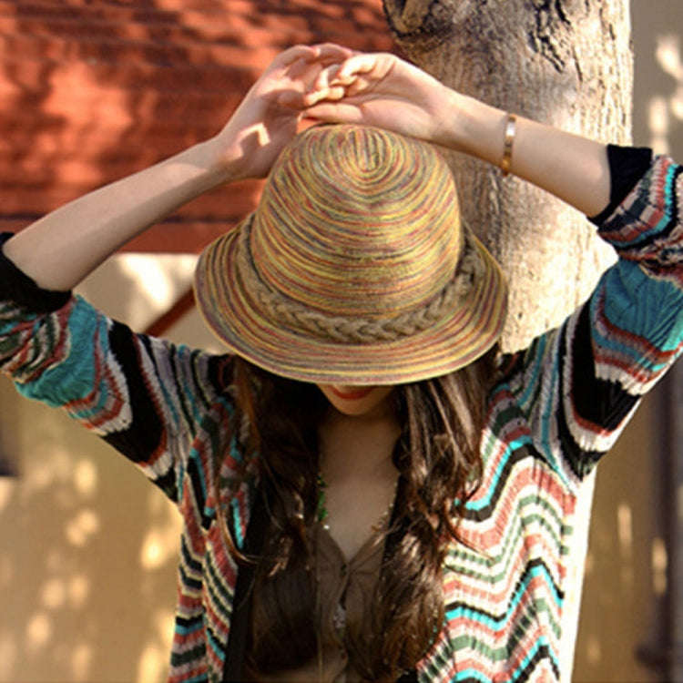 Colorful Striped Foldable Straw Hat Topee Bohemia Cap