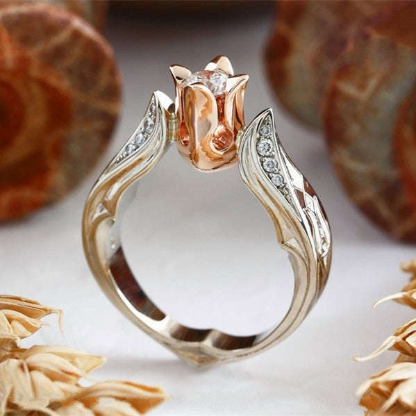 Rose Flower with Diamond Wedding Ring for Women, 5, 8, 10