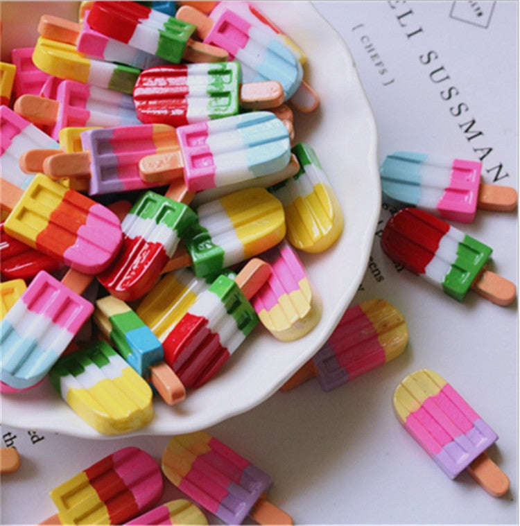 10 PCS Rainbow Ice Cream Stick Resin Flat Back Cabochon Imitation Dessert Art Decoration