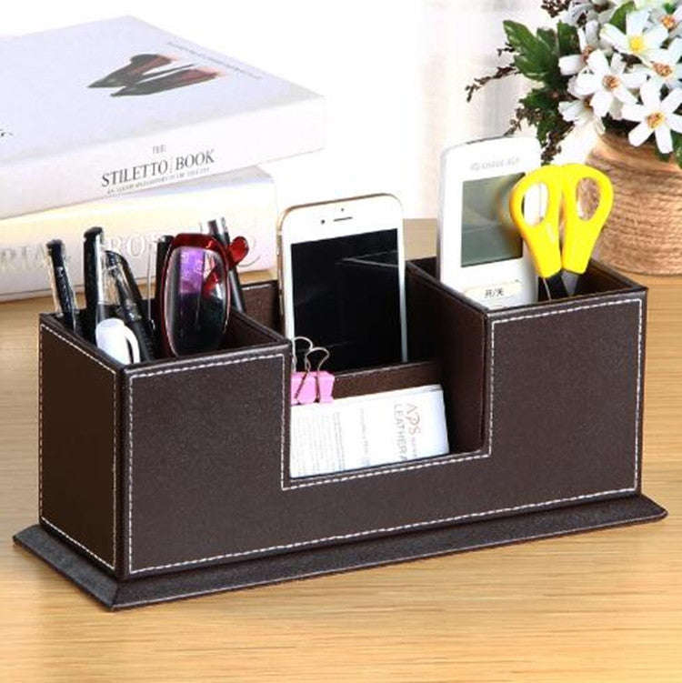 Creative Pen Support Fashion Leather Multifunctional Desktop Office Storage Pen Case Socket Doubl...