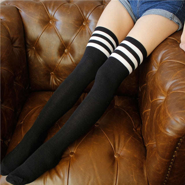 Black White Striped College Style Long Socks Thigh Socks, One Size