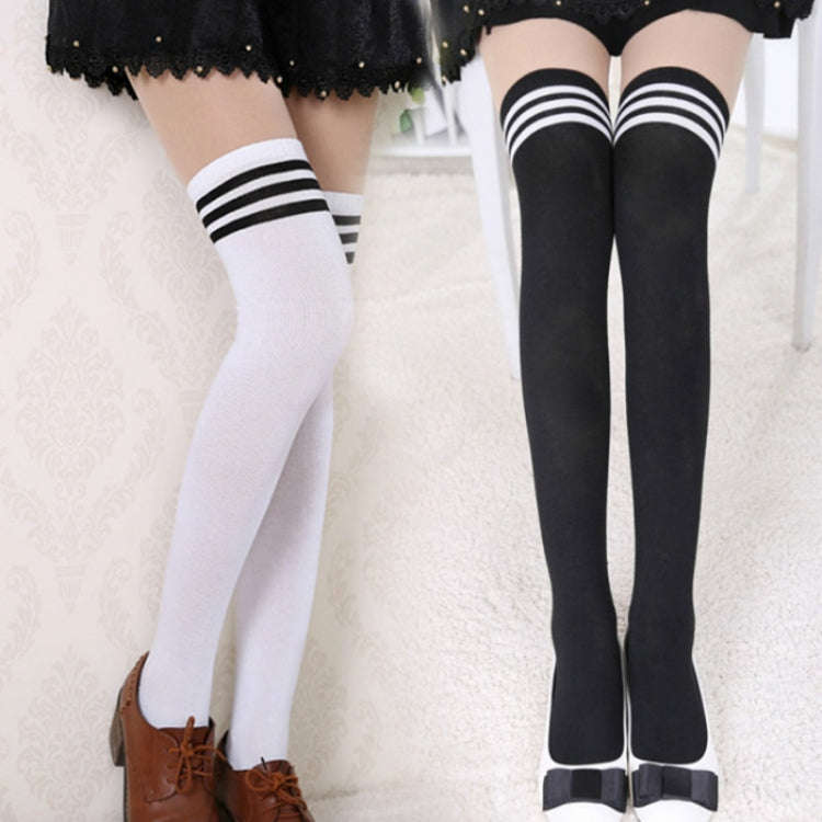 Black White Striped College Style Long Socks Thigh Socks, One Size