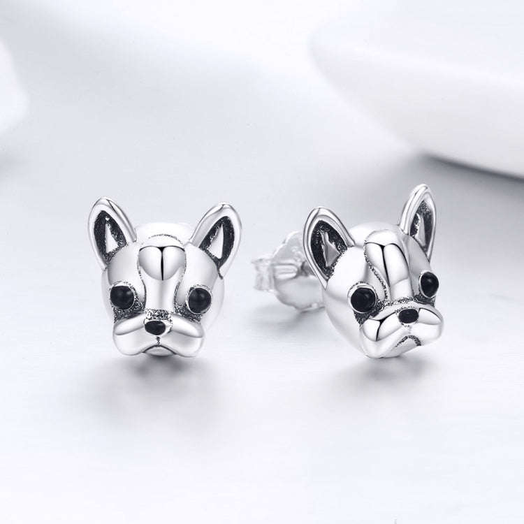 S925 Sterling Silver Animal Earrings Bulldog Plain Silver Earrings, SCE283