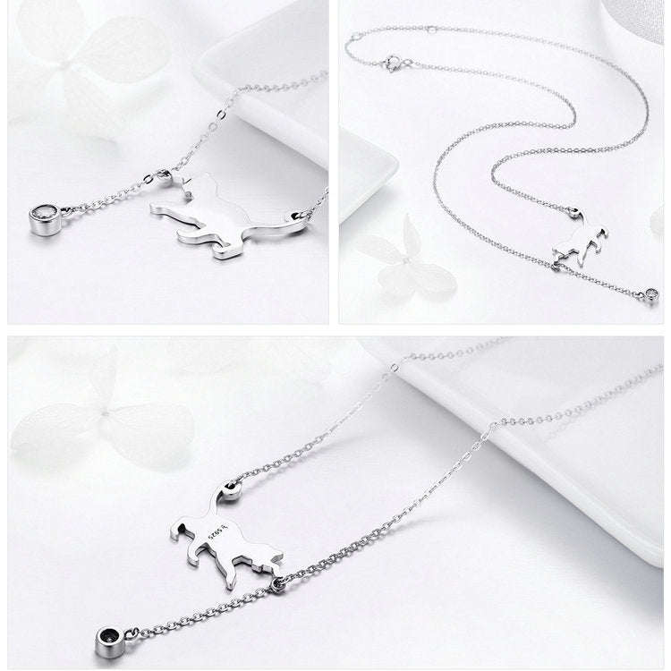 Naughty Kitten S925 Sterling Silver With Zircon Necklace, SCN232